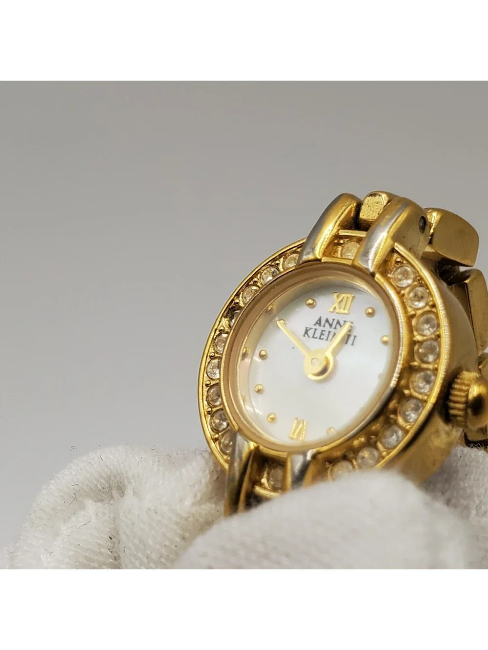 Anne Klein Rhinestone Small 16mm MOP Dial Womens Watch Gold Tone New Battery